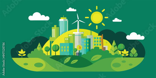 Wind turbines towering over a city with a single house. City skyline with renewable energy wind turbines and a house.