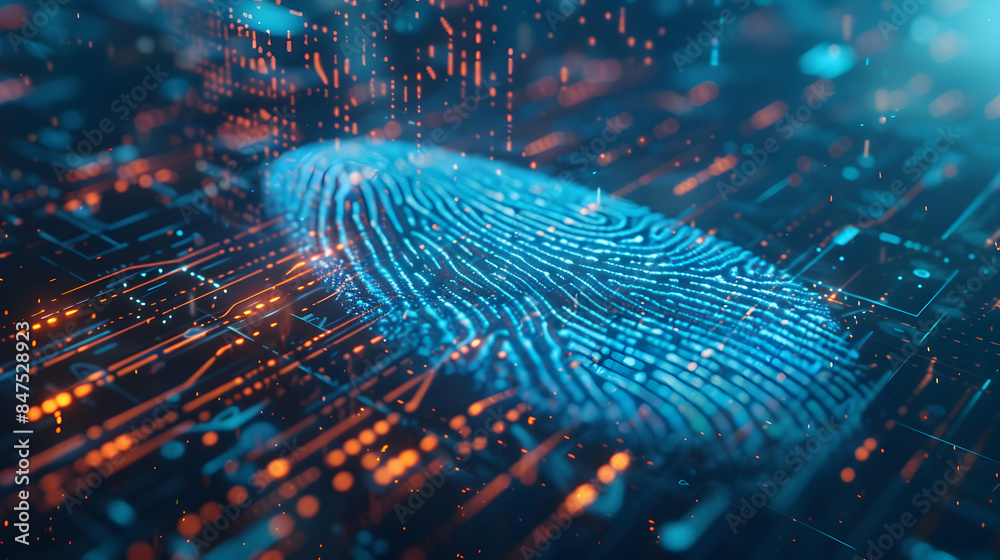 A blue and orange fingerprint is displayed on a computer screen. Concept of technology and digitalization, as well as the idea of identity and security A blue and orange fingerprint is displayed on a computer screen. Concept of technology and digitalization, as well as the idea of identity and security