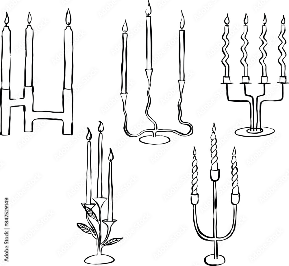 Ilustración de velas dibujadas a mano. Juego de porta velas decorativo. Boceto de candelabro vintage. Clip art de velas