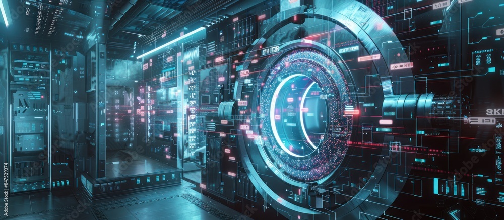 A digital illustration of a futuristic bank vault. A unique depiction of a futuristic bank with embedded cyber security features A digital illustration of a futuristic bank vault. A unique depiction of a futuristic bank with embedded cyber security features