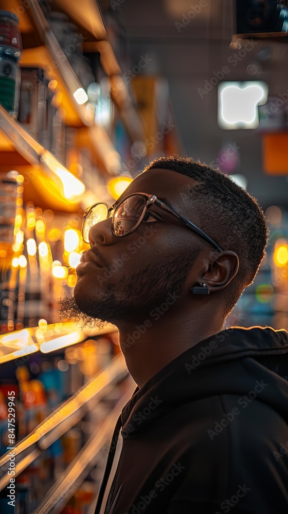 A man in glasses looking at products on a shelf in a store. A man in glasses looking at products on a shelf in a store.