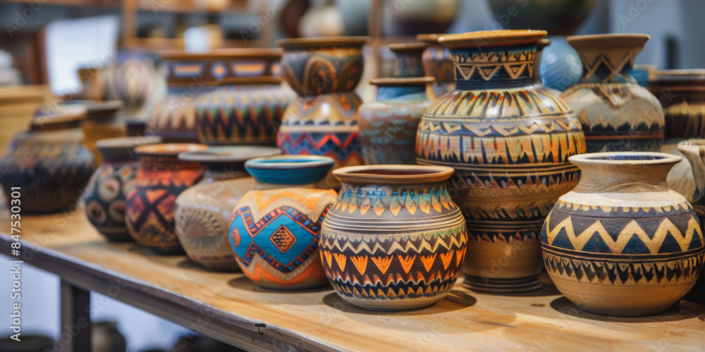 Collection of traditional painted pottery in museum Collection of traditional painted pottery in museum