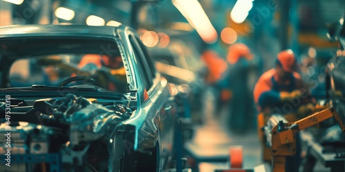 close up of a car, Factory Workers in Automotive Plant Focused blurred background image of factory workers assembling cars in an automotive plant, with tools and assembly lines. 