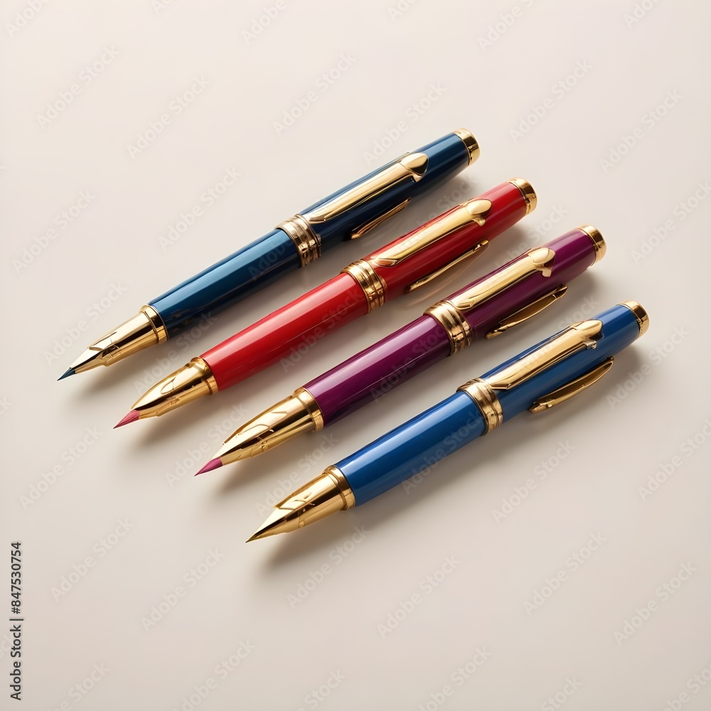 Colourful fountain pens with gold accents on a light background
Colourful fountain pens with gold accents on a light background