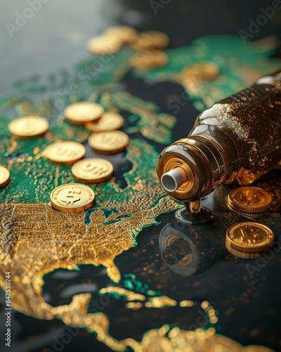 Oil barrel on world map with gold coins, symbolizing global energy resources and finance.