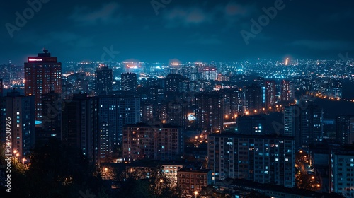 Stunning cityscape night view with illuminated skyscrapers and glowing streets, capturing the urban essence and bustling life of a modern metropolis.
