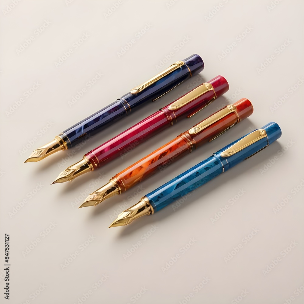 Colourful fountain pens with gold accents on a light background
Colourful fountain pens with gold accents on a light background