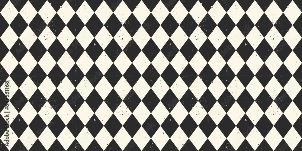 Distressed Diamond Check Pattern seamless background. Black and white Harlequin pattern with dirty texture. Pattern swatch is included.