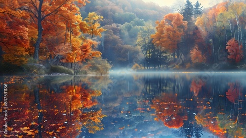 Captivating Autumn Reflections A Serene Landscape of Colorful Foliage Mirrored in Still Waters © Jirapron