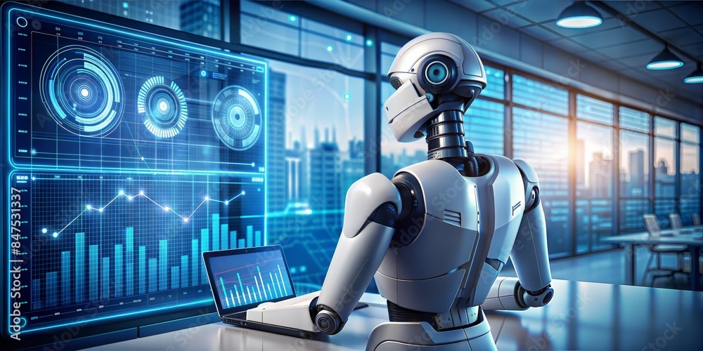 an image depicting an AI robot optimizing business operations for a small company. Show the robot analyzing data and improving operational efficiency on a digital dashboard. an image depicting an AI robot optimizing business operations for a small company. Show the robot analyzing data and improving operational efficiency on a digital dashboard.