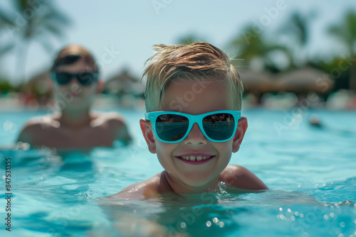 Smiling cute Kids wearing sunglasses in the pool on a sunny day.