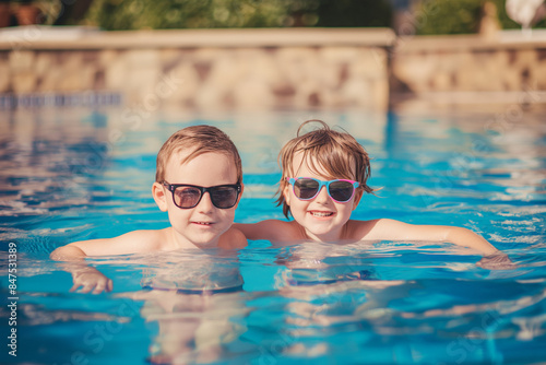 Smiling cute Kids wearing sunglasses in the pool on a sunny day.