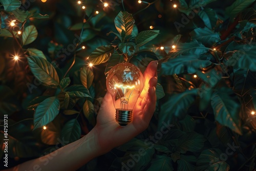  Hand holding light bulbs and growing plants for sustainability  photo