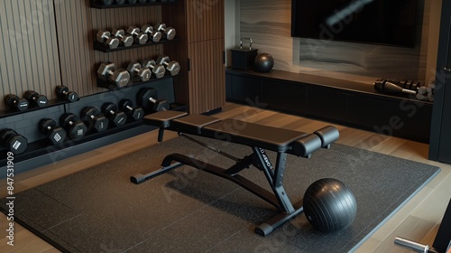 Modern Home Gym with Rubber Flooring and Essential Equipment photo