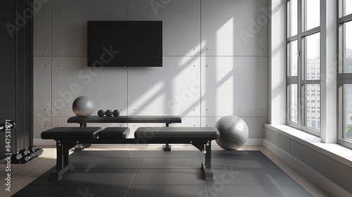 Modern Home Gym with Rubber Flooring and Essential Equipment photo