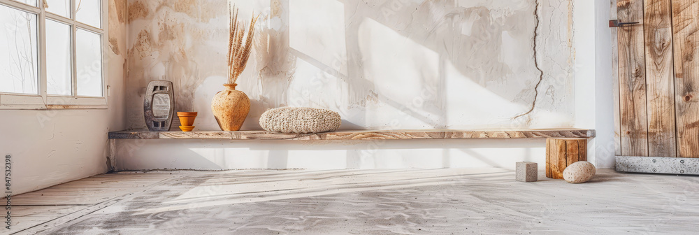 Minimalist zen interiors in warm tone with minimal furniture, natural lighting from a window and copy space. Interior design home composition. Minimalist zen interiors in warm tone with minimal furniture, natural lighting from a window and copy space. Interior design home composition.
