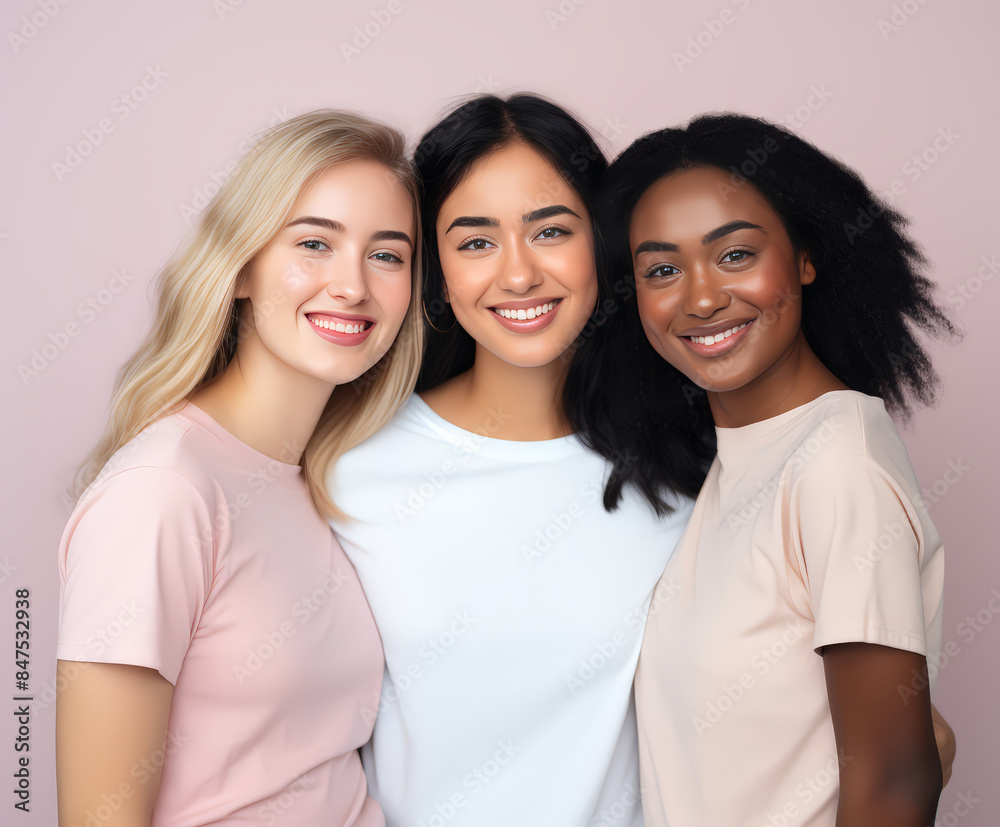 A portrait of pretty smiling cheerful young women multiracial friends posing, Friendship day, a youth day A portrait of pretty smiling cheerful young women multiracial friends posing, Friendship day, a youth day