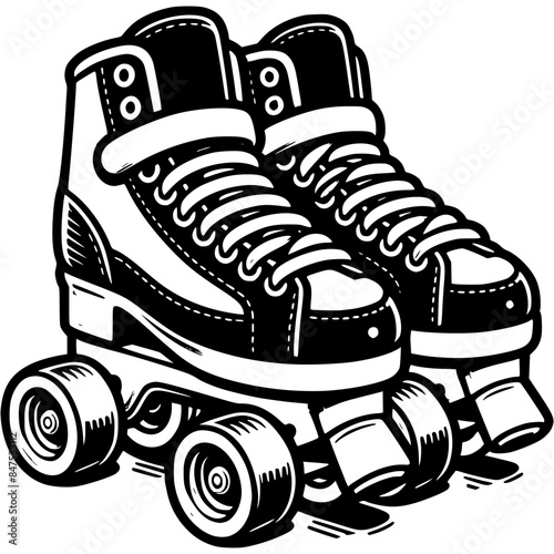 Pair of roller skates in monochrome. Shoes on wheels for learning to roller skate. Simple minimalistic vector in black ink drawing on transparent background