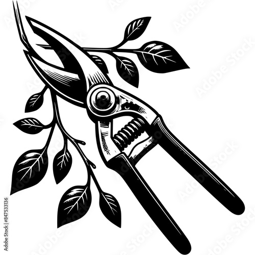 Garden pruner trims tree branch in monochrome. Farmer hand tool for tree care. Simple minimalistic vector in black ink drawing on transparent background
