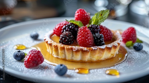 Elegant dessert plate featuring a honey-glazed tart, garnished with assorted berries, detailed focus on the glistening honey