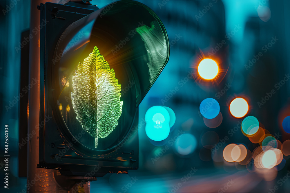 Traffic light displaying a green leaf icon, symbolizing decarbonization