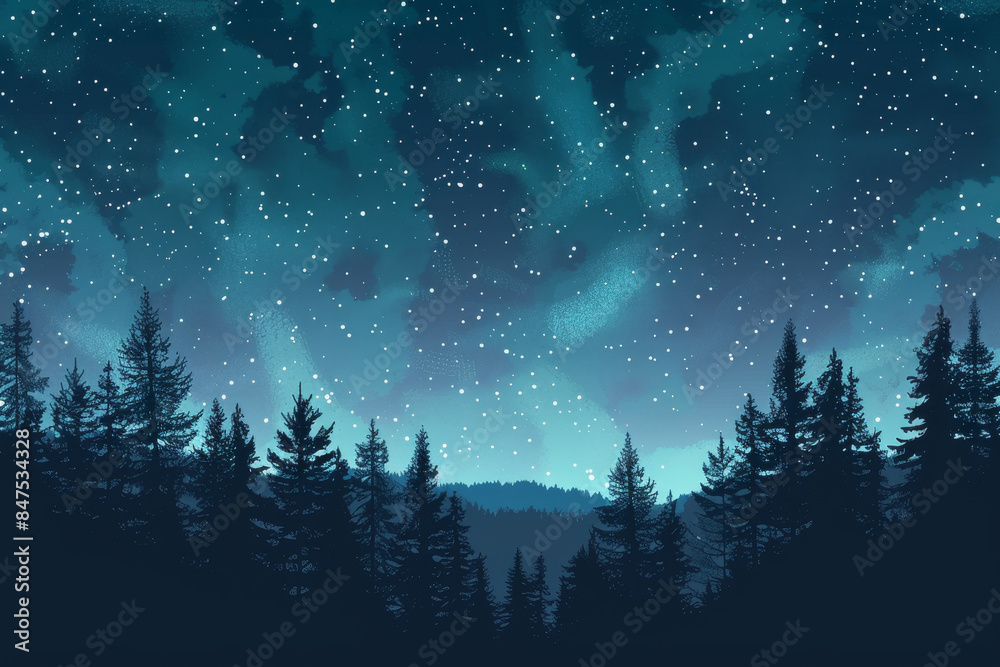 A dark sky with a few stars and a forest in the background A dark sky with a few stars and a forest in the background