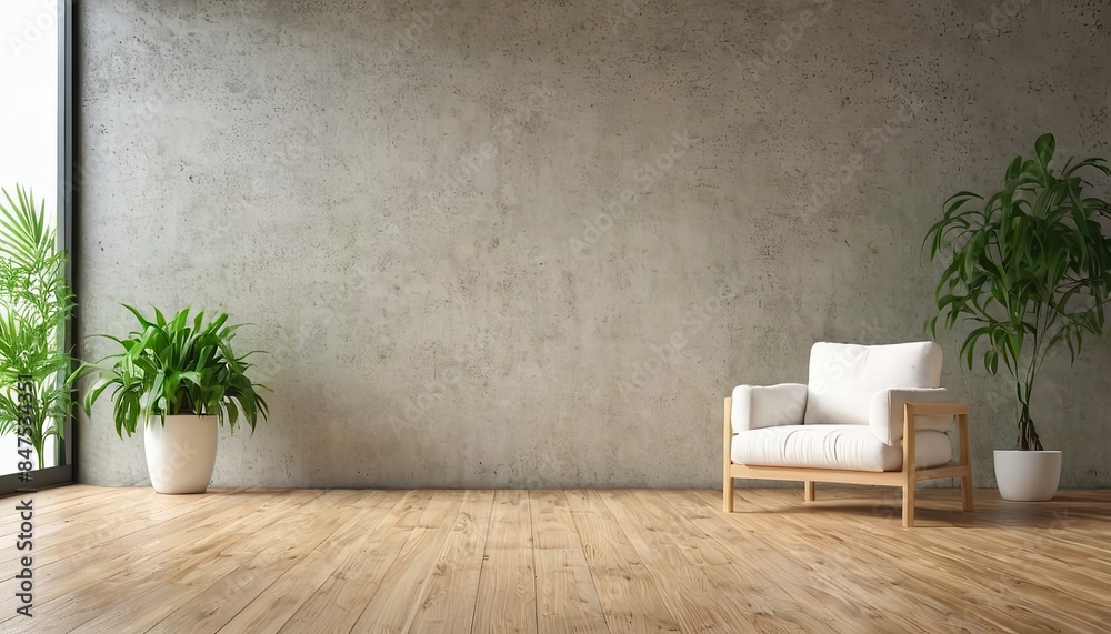 White chair with large green plant interior blank wall White chair with large green plant interior blank wall