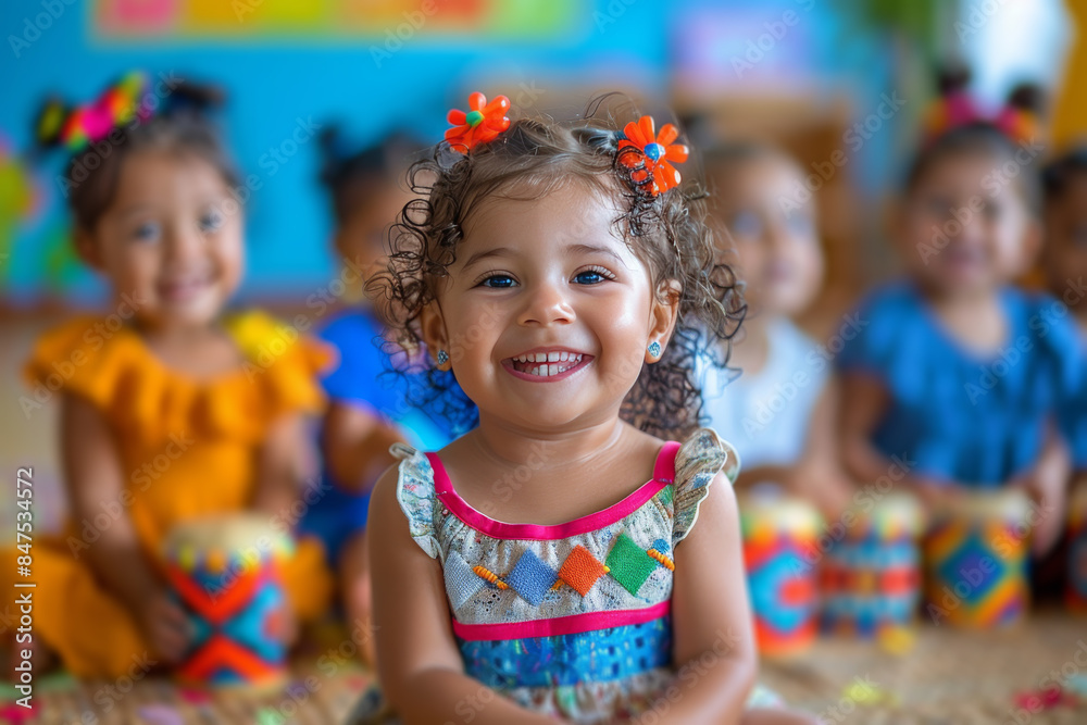 Little Girl Smiling in Colorful Dress During Preschool Music Class Little Girl Smiling in Colorful Dress During Preschool Music Class
