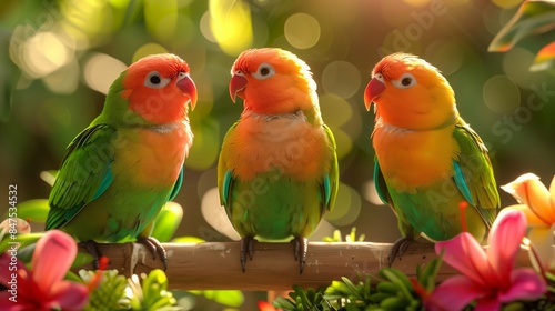 Three colorful lovebirds