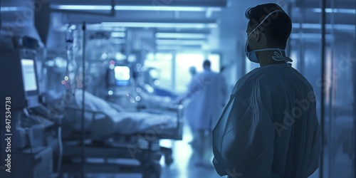 Medical Staff in Intensive Care Unit Attentive blurred background image of medical staff working in an intensive care unit (ICU), monitoring patients and using advanced medical devices.