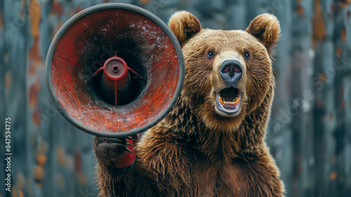 Bear with megaphone announces stock market downturn: Bear market alert.generative ai photo