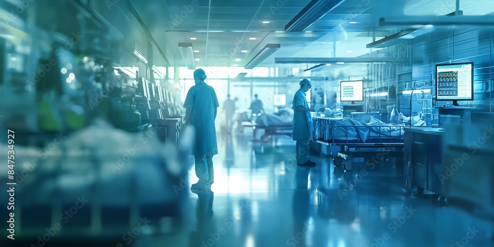 Medical Staff in Intensive Care Unit Attentive blurred background image of medical staff working in an intensive care unit (ICU), monitoring patients and using advanced medical devices. Medical Staff in Intensive Care Unit Attentive blurred background image of medical staff working in an intensive care unit (ICU), monitoring patients and using advanced medical devices.