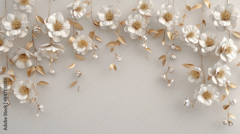 3D floral beige white flowers on vines hanging down wallpaper
