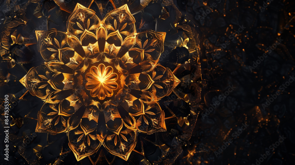 A gold and black flowery design with a yellow center