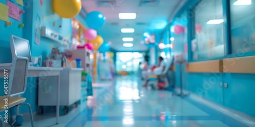 Medical Team in Pediatrics Caring blurred background image of a medical team attending to children in a pediatric ward, with colorful decorations and medical equipment. 