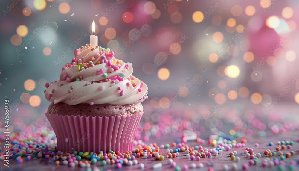 Birthday Cupcake With Candle and Sprinkles on a Light Pink Table Birthday Cupcake With Candle and Sprinkles on a Light Pink Table