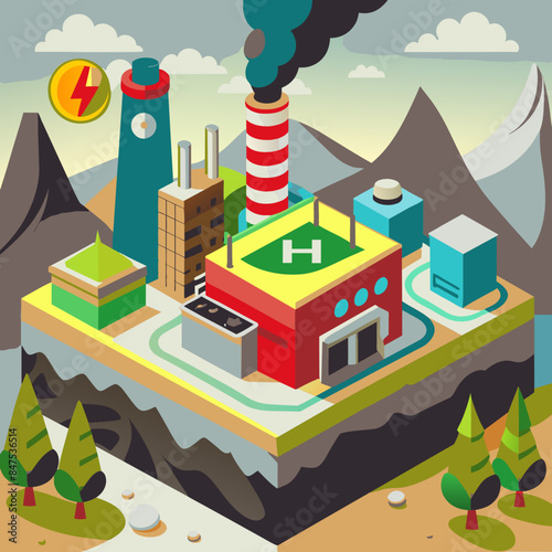 Green hydrogen H2 future energy factory power plant icon isometric isolated, AI Generative 
