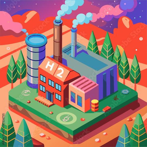 Green hydrogen H2 future energy factory power plant icon isometric isolated, AI Generative 
