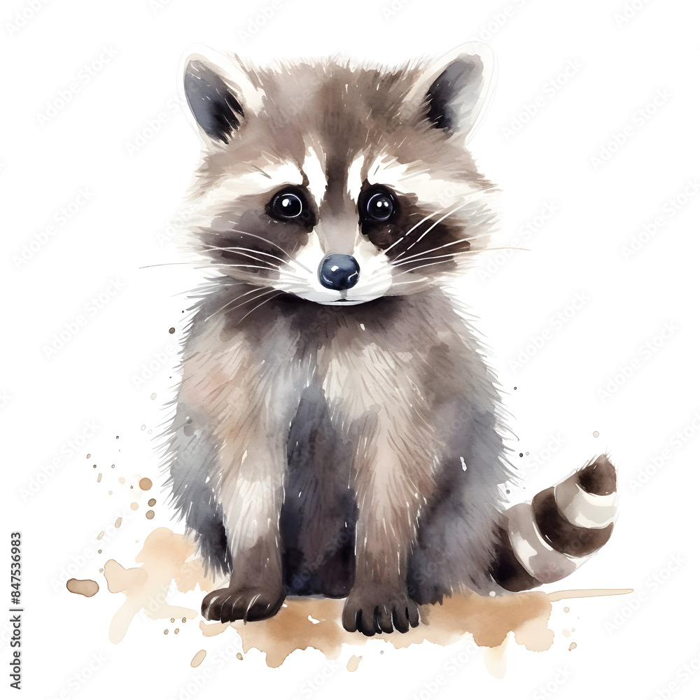 Obraz premium Cute little racoon sitting, watercolor adorable animal
