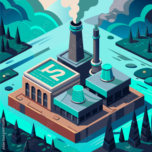 Green hydrogen H2 future energy factory power plant icon isometric isolated, AI Generative 
