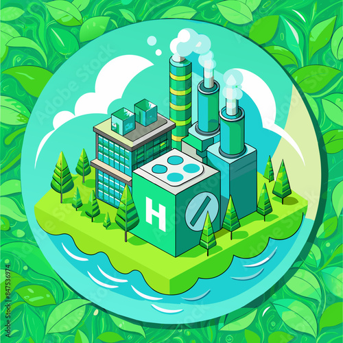 Green hydrogen H2 future energy factory power plant icon isometric isolated, AI Generative 
