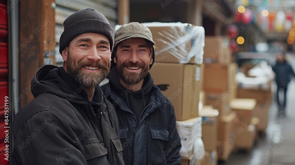 two happy movers loading a truck wearing working black clothes, generative ai two happy movers loading a truck wearing working black clothes, generative ai