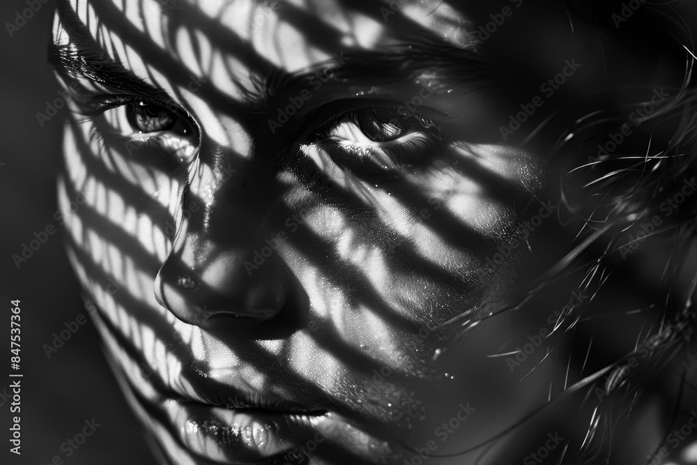 A woman's face is shown in a black