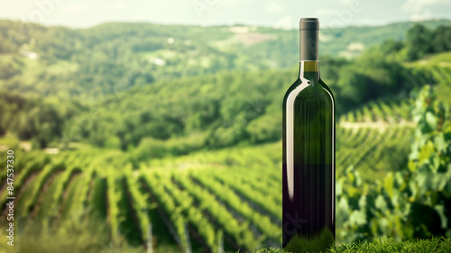 A wine bottle stands in the foreground of a lush, green vineyard with rolling hills in the background.