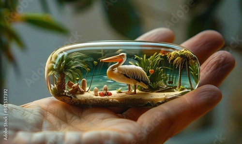 Macro photography captures hand holding surreal 3D scene in a pill case: pelican, valentines, palm trees. Realistic human form. Unbelievable beauty photo