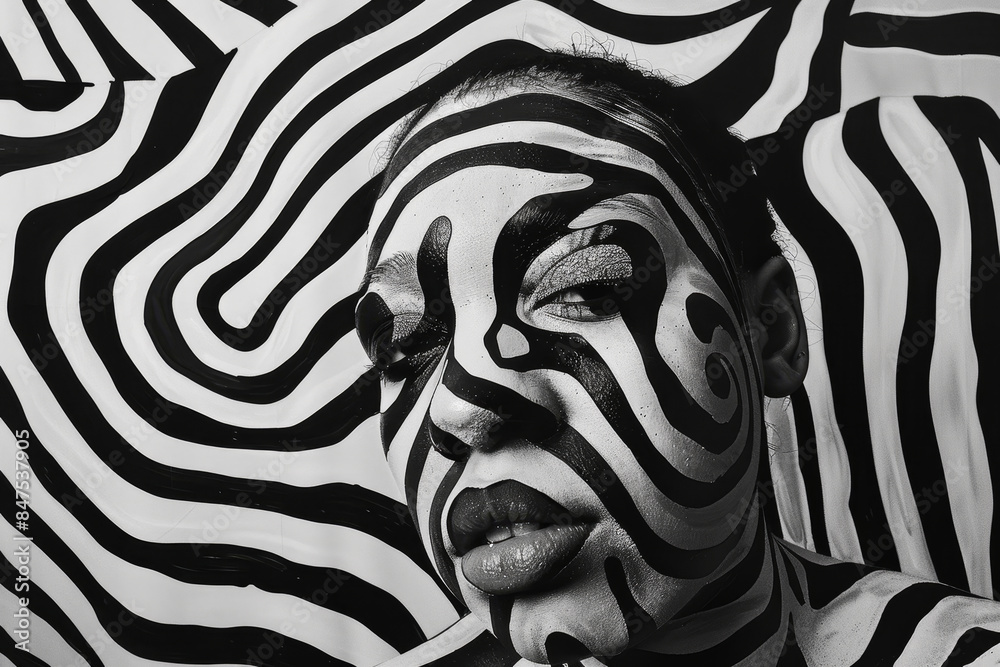 A woman with a face painted in black and white stripes A woman with a face painted in black and white stripes