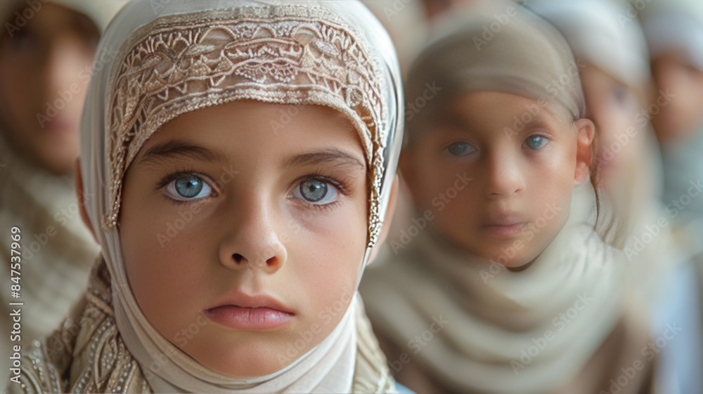 Muslim boys wearing white prayer caps in mosque,generative ai Muslim boys wearing white prayer caps in mosque,generative ai
