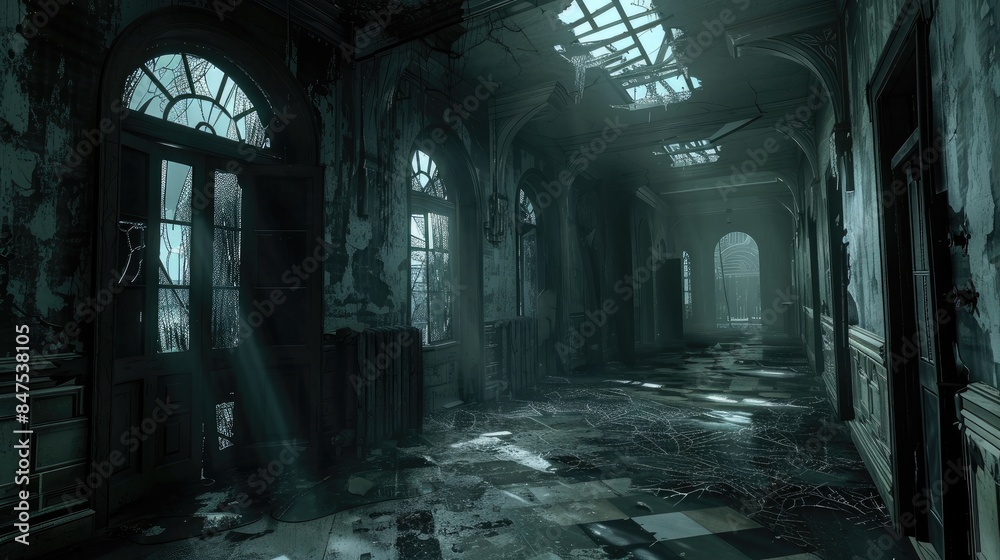 Haunted Abandoned Mansion Hallway with Broken Windows and Cobwebs Haunted Abandoned Mansion Hallway with Broken Windows and Cobwebs