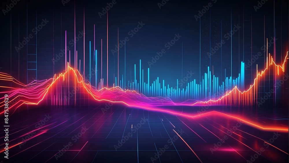 Abstract financial graph with up and downtrend lines, Stock market or forex trading graph on neon light color