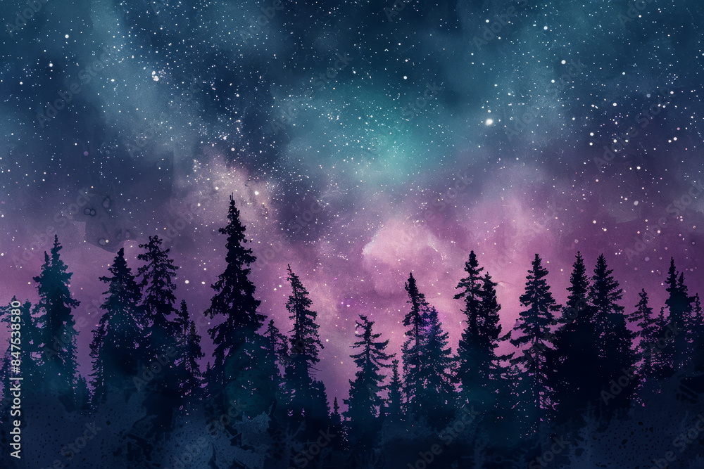A painting of a forest with purple trees and a starry sky A painting of a forest with purple trees and a starry sky